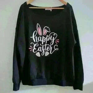 ROSHOP | Women's Black "Happy Easter" Oversize Off Shoulder Scuba Fleece…